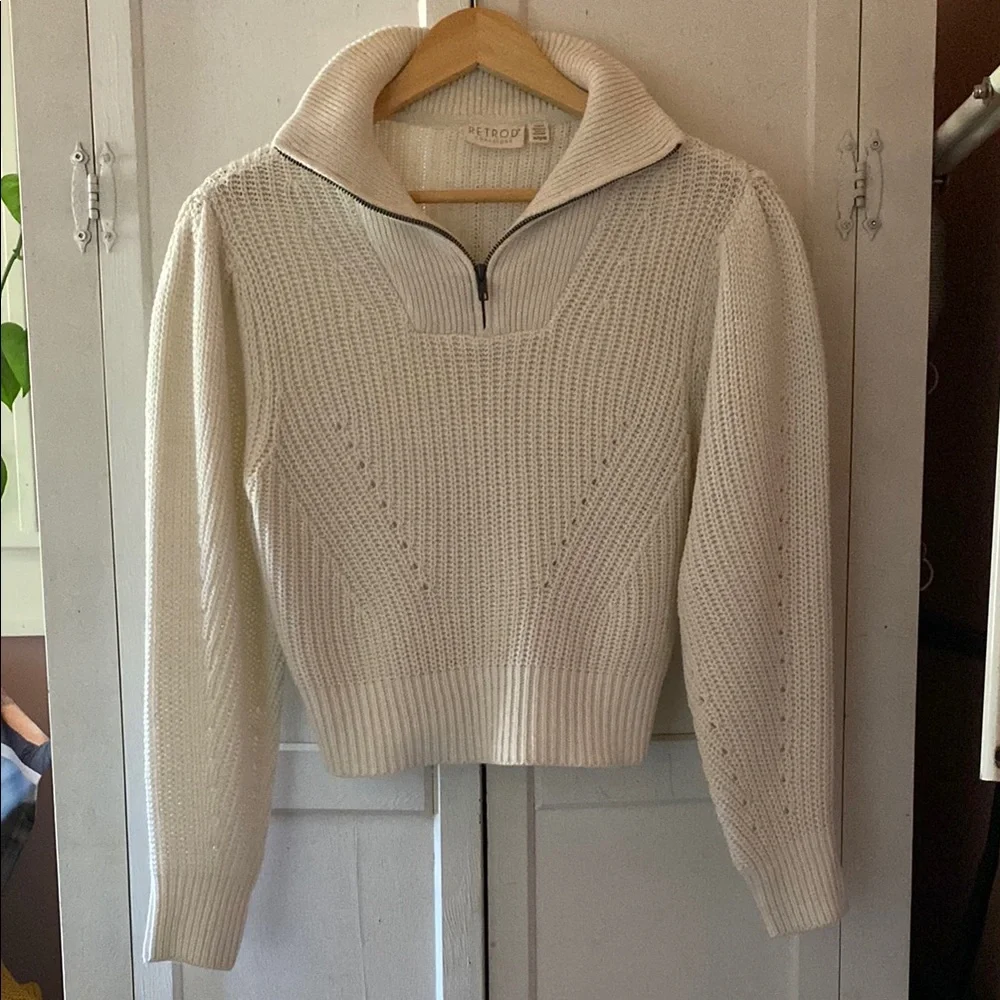 White Ribbed Cowl Neck Sweater with Puff Sleeves - Picture 1 of 3